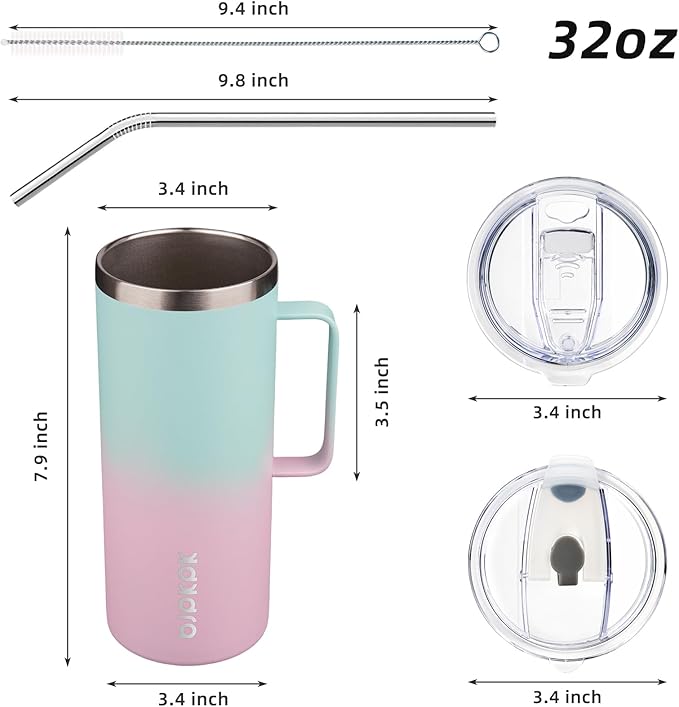 BJPKPK Insulated Coffee Mug with 2 Lids, 32oz Stainless Steel Insulated Tumbler with Handle, Double Wall Vacuum Coffee Cups, BPA Free Travel Mug for Coffee, Tea and Drinks, Marshmallow