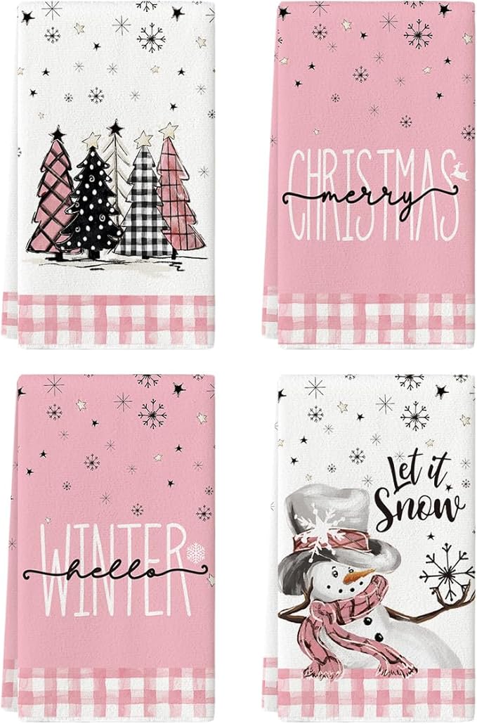 Artoid Mode Xmas Tree Snowman Snow Merry Christmas Kitchen Towels Dish Towels, 18x26 Inch Hello Winter Seasonal Decoration Hand Towels Set of 4