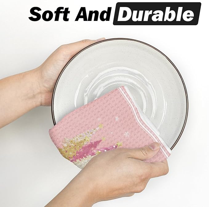Artoid Mode Pink Star Xmas Tree Merry Christmas Kitchen Dish Cloths, 12x12 Inch Quick Dry Microfiber Dishcloths for Kitchen Dish Rags Set of 2