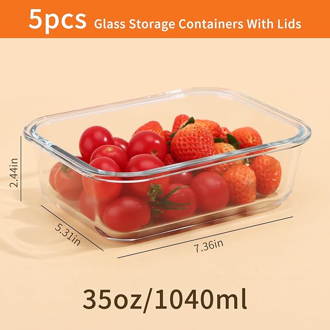 5-Pack Glass Storage Containers,Glass Food Container with Lid,Lunch Box,Bento Box,Storage Box,Meal Prep Containers,Lunch Containers, Fruit Preservation Boxes-Light Gray