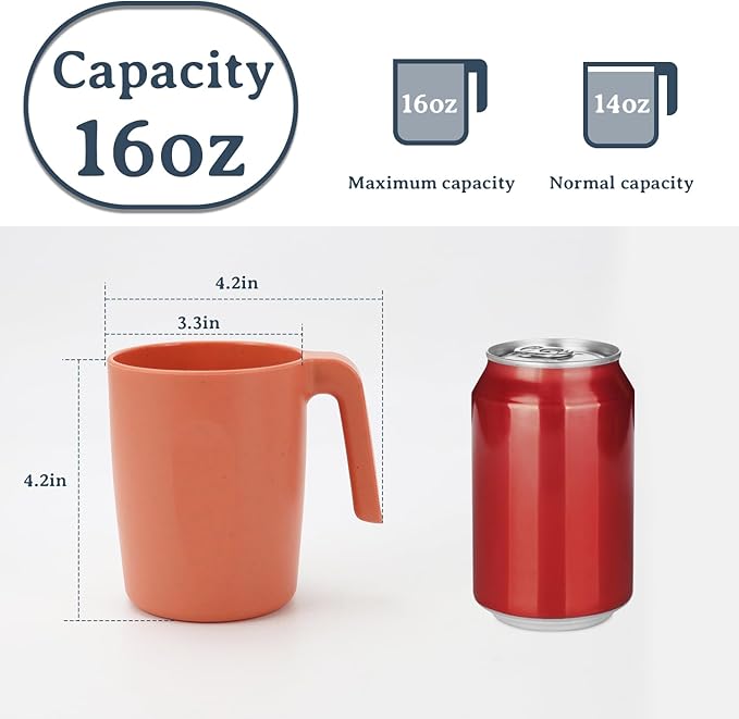 Wrova 16oz Wheat Straw Cups with handles set of 6-Plastic Cups Reusable-Unbreakable Kids Mugs-Dishwasher Safe & Microwave Safe-Ideal Plastic Mugs for Tea,Coffee,Camping,RV-Orange