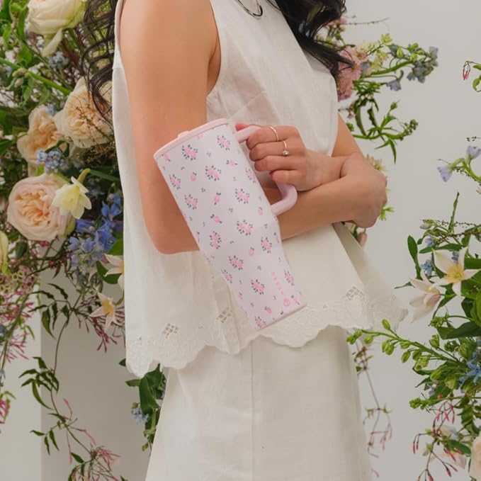 HydroJug Traveler - 32 oz Water Bottle with Handle & Flip Straw - Fits in Cup Holder, Leak Resistant Tumbler-Reusable Insulated Stainless Steel & Rubber Base - Gifts for Women & Men, Wildrose