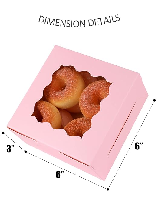 qiqee Pink Bakery Box with Window 60packs 6x6x3 Pink Cookie Boxes Pastry Box for Wedding Favor Birthday ＆ Party