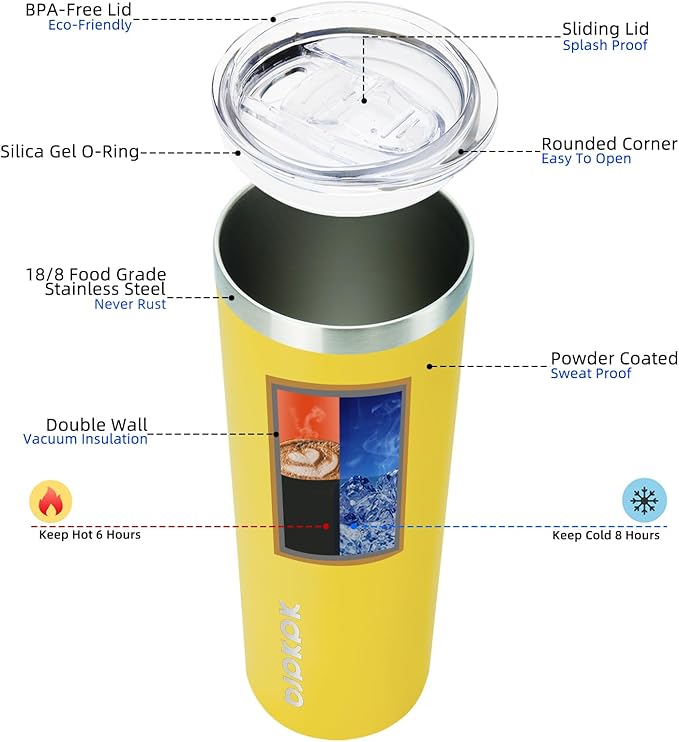 BJPKPK Yellow Skinny Stainless Steel Tumblers 20 oz Vacuum Insulated Reusable Tall Coffee Travel Tumbler Cup with Lid