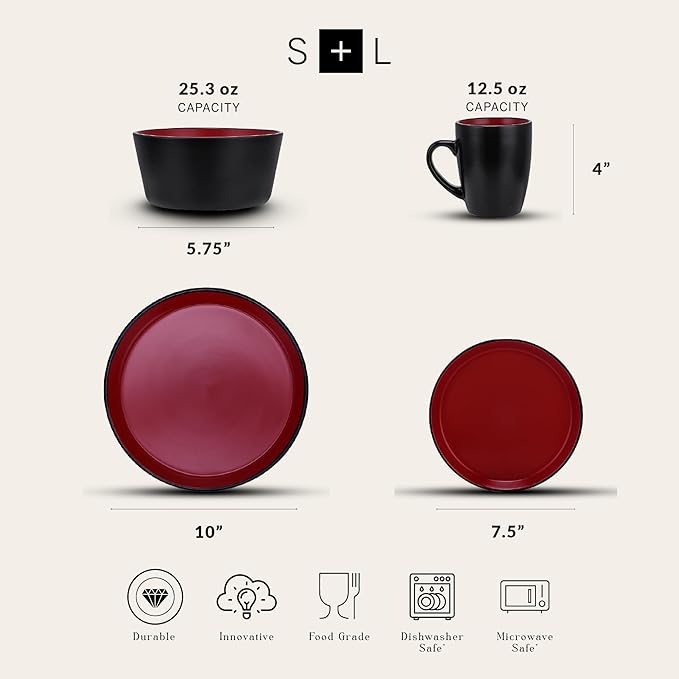 Stone Lain Albie Stoneware 16 Piece Dinnerware Set, Plates and Bowls Sets, Dish Set for 4, Red and Black, Microwave & Dishwasher Safe