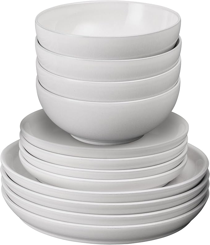 Denby - Elements Stone White Dinner Set For 4-12 Piece Simple Ceramic Stoneware Tableware Set - Dishwasher Microwave Oven Safe - Scratch Chip Resistant