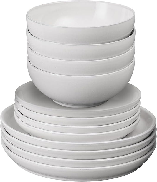 Denby - Elements Stone White Dinner Set For 4-12 Piece Simple Ceramic Stoneware Tableware Set - Dishwasher Microwave Oven Safe - Scratch Chip Resistant