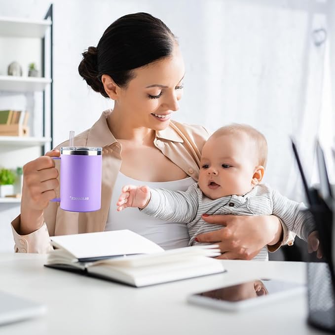 14 oz Purple Stainless Steel Coffee Mug, Reusable Travel Tumbler with Lid & Handle – Dishwasher-Safe Thermos Cup for Women, Ideal for Office/Travel Use with Hot/Cold Drinks