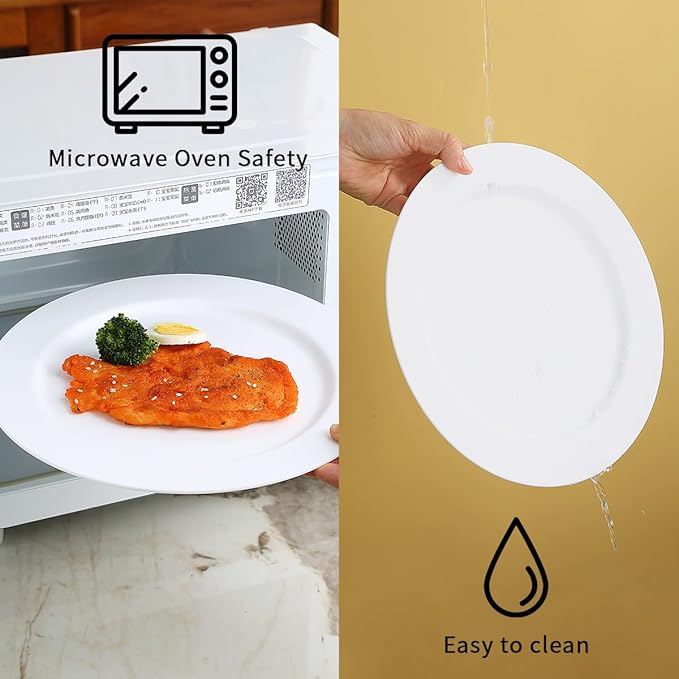 Berglander White Plastic Plates Set of 8 Pieces 10", Reusable Flat Dinner Plates, Salad Plates, Pasta Bowls, Dishes Set Easy to Carry for Home, Garden, Picnic, Camping, Outdoor