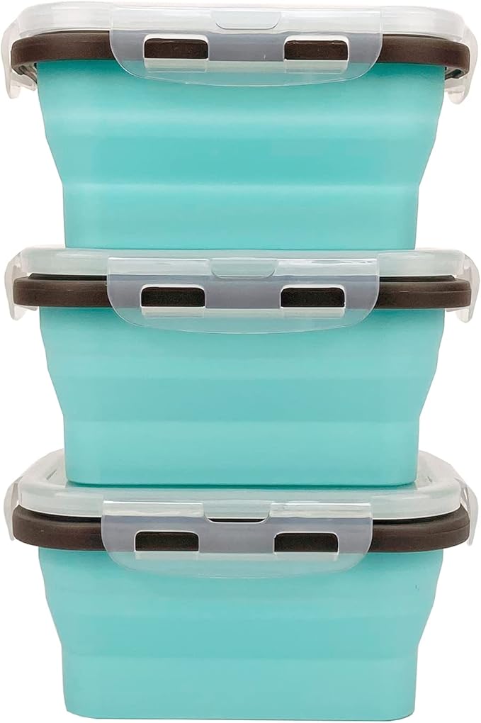 CCyanzi 3piece Collapsible Food Storage Containers with Lids, Silicone Lunch Container, Microwave & Freezer Safe, Space Saving for Kitchen Cabinet and Camping Backpack,(blue gray)