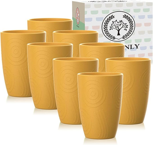 Homienly Wheat Straw Cups 8 Pcx Unbreakable Drinking Cup Reusable Dishwasher Safe Microwave Safe Plastic Reusable Cups with Yellow Color (12 OZ)