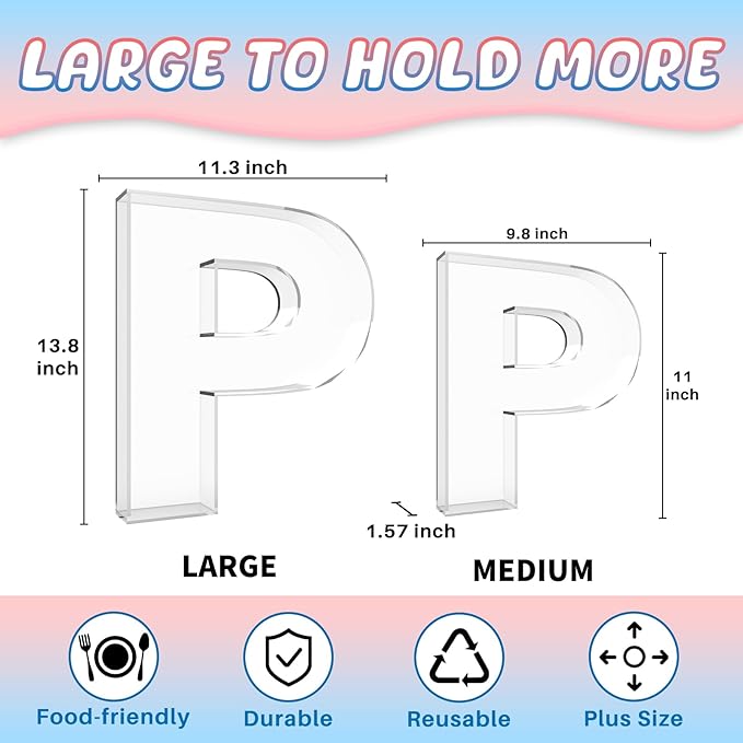 13.8" Extra Large Acrylic Letter Charcuterie Board Box, Reusable Fillable Letter Cake Candy Dish Display Serving Tray for Birthday Anniversary Party Decoration (P)