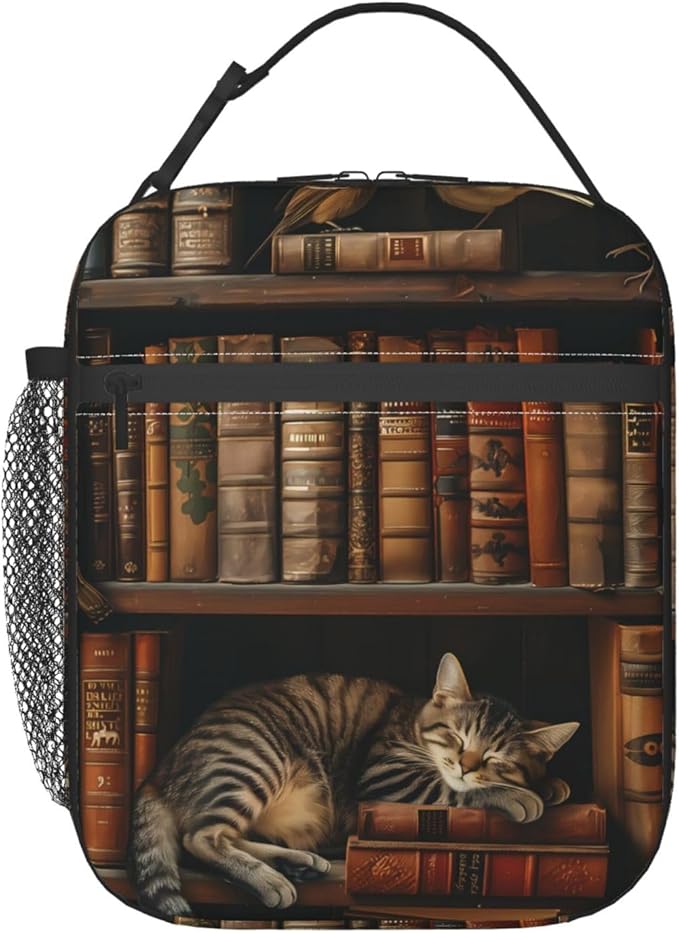 Reusable Vintage Library Cat Lunch Box for Kids Girls Boys Women Adult, Insulated Book Retrolunch Bag,Polyester Cooler Handbags Case for School Picnic Work Travel Beach or Hiking