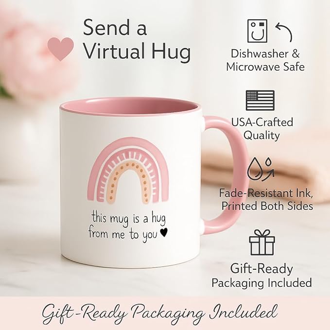 Unboxme Gifts Hug in a Mug – 12 oz Pink Coffee Mug with Heartfelt Quote – A Gift for Best Friend, Sister or Mom to Feel Your Love, Encouragement & Cheer from Afar