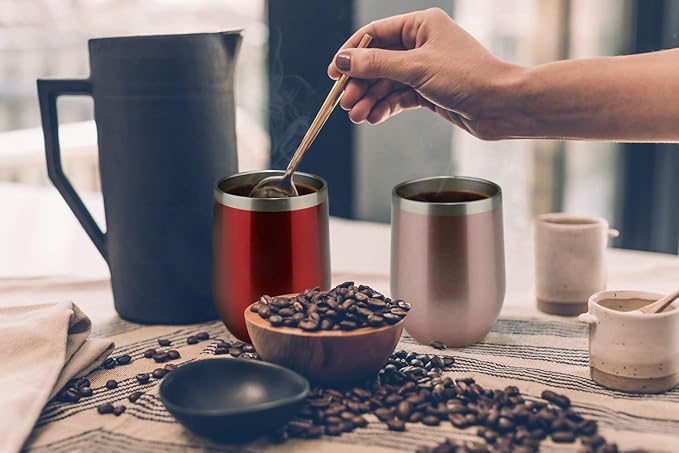 MEWAY 12oz/8 Pack Wine Tumbler Glasses with Lid - Stemless Double Wall Vacuum Stainless Steel Travel Tumbler - Keeping Cold & Hot for Wine,Coffee,Cocktails,Drinks (Rose gold,Set of 8)