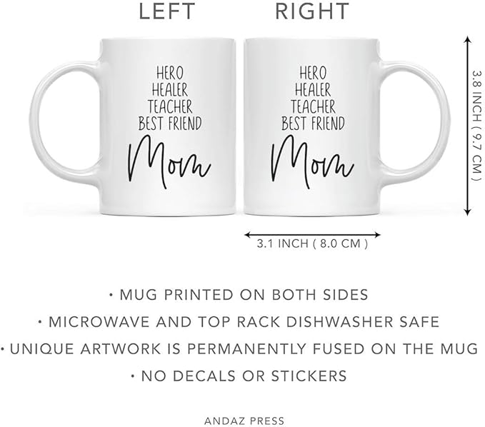 Andaz Press Mother's Day 11oz. Ceramic Coffee Tea Mug Gift for Mom, Hero Healer Teacher Best Friend Mom, 1-Pack