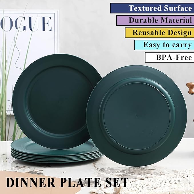 Berglander Plastic Plates Set of 8 Pieces 10", Green Reusable Flat Dinner Plates, Salad Plates, Pasta Bowls, Dishes Set Easy to Carry for Home, Garden, Picnic, Camping, Outdoor
