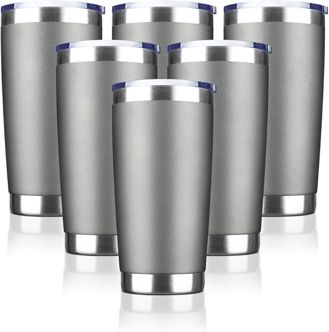 20oz Tumbler Bulk Stainless Steel Vacuum Insulated Tumblers with Lid Double Wall Travel Mug, Durable Powder Coated Coffee Cup, Suitable for Ice Drinks and Hot Beverage (Gray 6pack)