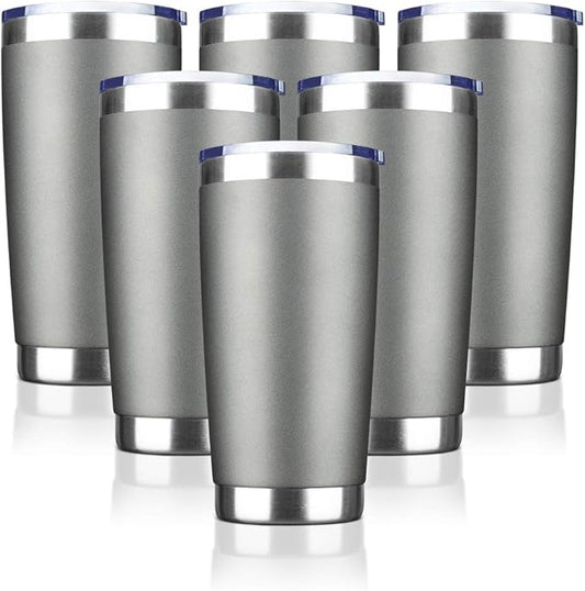20oz Tumbler Bulk Stainless Steel Vacuum Insulated Tumblers with Lid Double Wall Travel Mug, Durable Powder Coated Coffee Cup, Suitable for Ice Drinks and Hot Beverage (Gray 6pack)