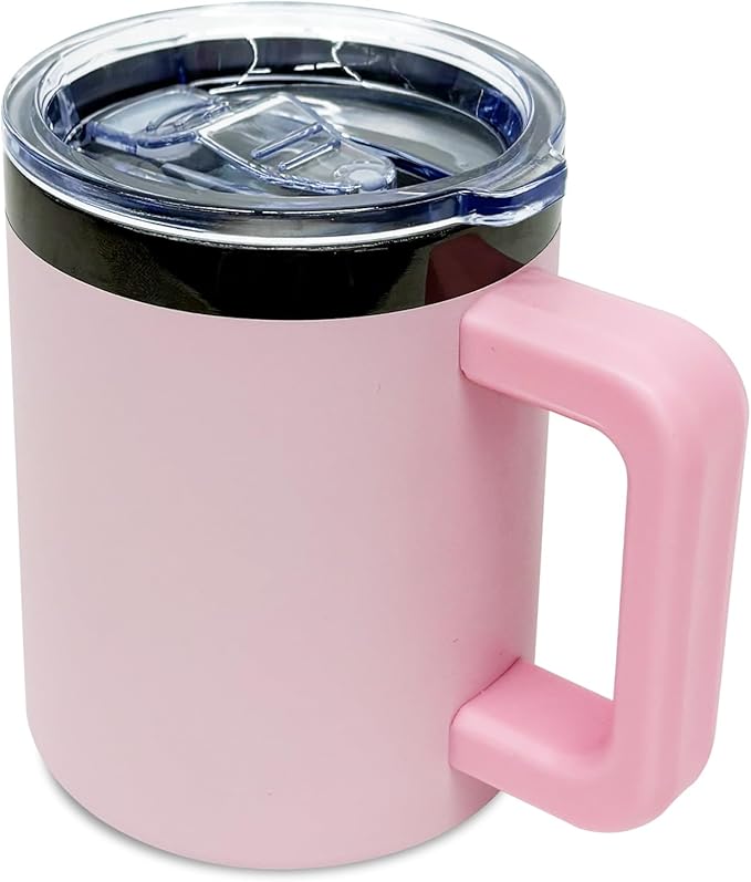 10 oz Tumbler with Handle and Straw Stainless Steel Insulated Coffee Mug for Laser Graving Powder Coated Cup with Black Plated(Pink,1 pack)