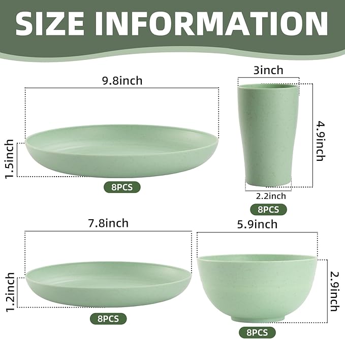 Camping Plates Cups and Bowls Set Green Reusable Microwave Safe Lightweight Unbreakable Plastic Dishes Set for Kids Elderly Kitchen Adults Outdoor,32 Pcs Holiday Dinnerware Sets for 8