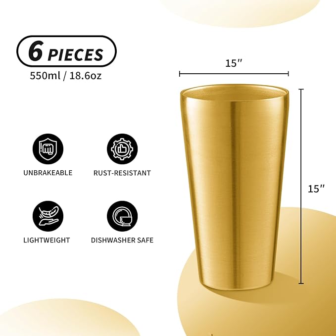 6 Pack 18.6 oz Stainless Steel Insulated Cup, Double Wall Vacuum Metal Cup, Reusable Camping Cups Unbreakable Indoor Outdoor for Party, Home, Office, BBQ, Gold