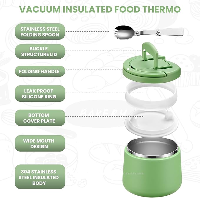 Soup Thermo for Hot Food Kids 14oz Lunch Containers with Buckle Lid Wide Mouth Hot Food Jar Vacuum Insulated Stainless Steel Bento Box Leakproof with Spoon(Green)