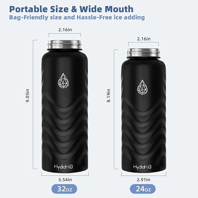 24oz Stainless Steel Insulated Water Bottle, 48H Cold & 24H Hot, Leak-Proof Wide Mouth Lids (Straw & Spout), BPA-Free Bottles, Mens Water Bottle for Gym, Hiking, Travel - Black