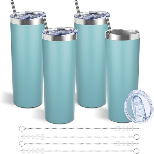 20 oz Skinny Tumblers with Lid and Straw,Stainless Steel Vacuum Insulated Tumbler Cup Double Wall Travel Coffee Mug, Thermal Water Tumbler for Hot and Cold Drinks(Glacier blue,4)