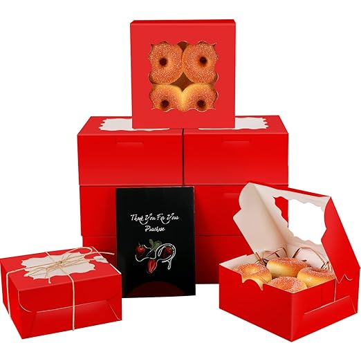 qiqee Red Cookie Boxes with Window 36packs 6x6x3 Red Bakery Box Pastry Box for Wedding Favor Birthday ＆ Party