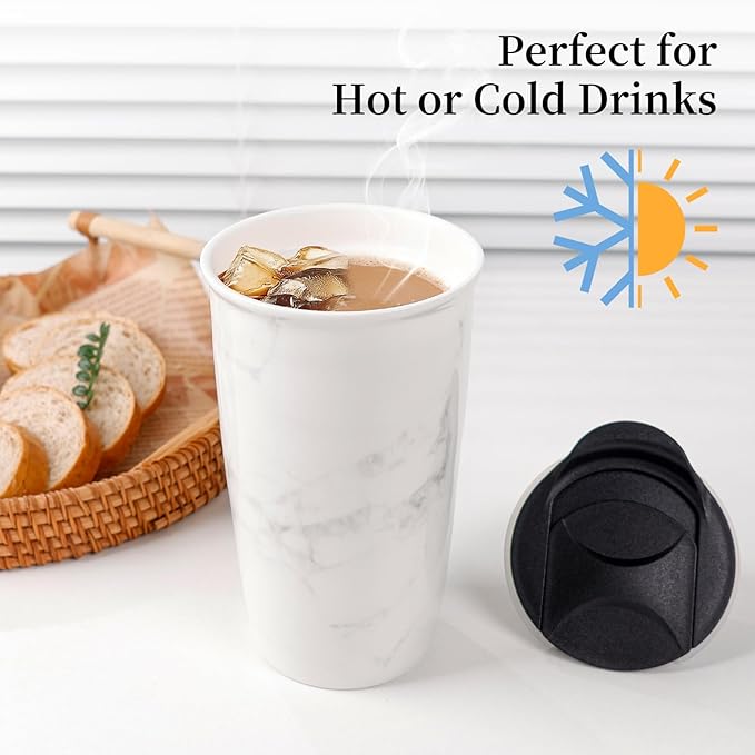 ANTIS'S HOME Ceramic Coffee Mug with Lid, Marble Double Wall Coffee Travel Mug Ceramic Tumbler 12 oz, Reusable Tall Cup, Splash Resistant Lid, Dishwasher Microwaveable Safe