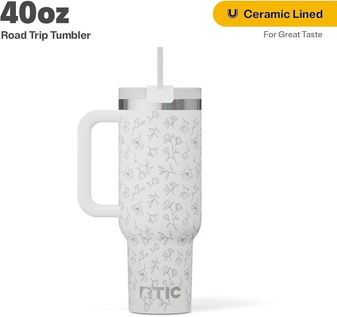 RTIC 40 oz Road Trip Tumbler Double-Walled Cermaic Lined Insulated Stainless Steel Portable Travel Coffee Mug Cup with Lid, Handle and Straw, White Magnolias