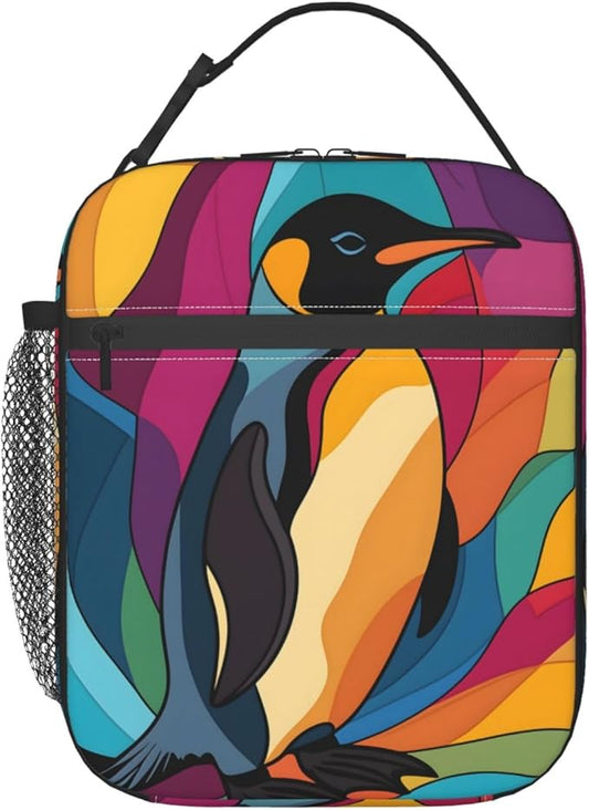 Penguin Lunch Bag, Polyester Tote Bags with Vibrant Animal, Colorful Abstract Insulated Lunchbox, Portable Lunchbag Decor Gifts for Work, Picnic, School, Travel, Hiking, Beach or Fishing