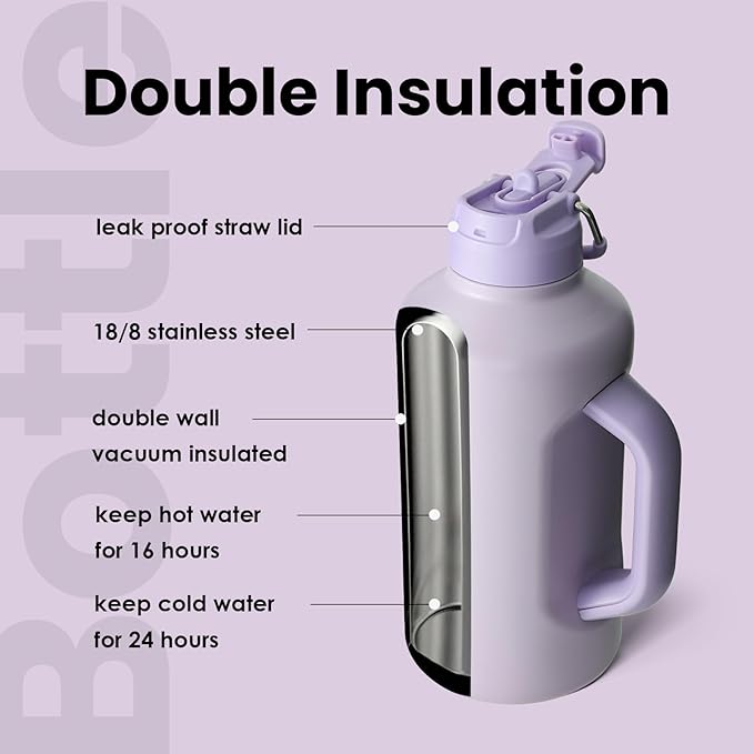 BOTTLE BOTTLE Insulated Water Bottle 64 oz with Straw and Dual-use Lid Stainless Steel Water Bottle with Handle Stainless Steel Jug for Workout Gym Soccer and More Sports purple