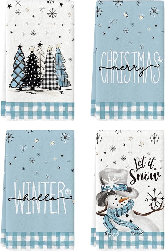 Artoid Mode Blue Buffalo Plaid Snowman Xmas Trees Christmas Kitchen Towels Dish Towels, 18x26 Inch Hello Winter Decoration Hand Towels Set of 4