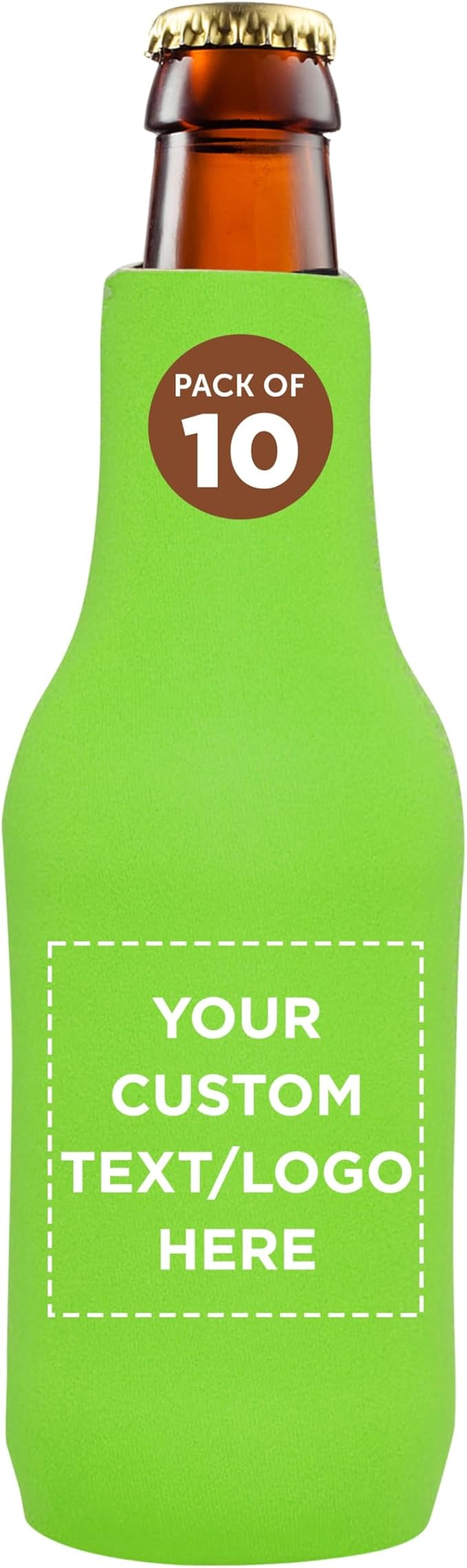 10 Neoprene Zippered Beer Bottle Coolies Pack - Customizable Text, Logo - Sharkskin Rubber Bottom - Lime Green