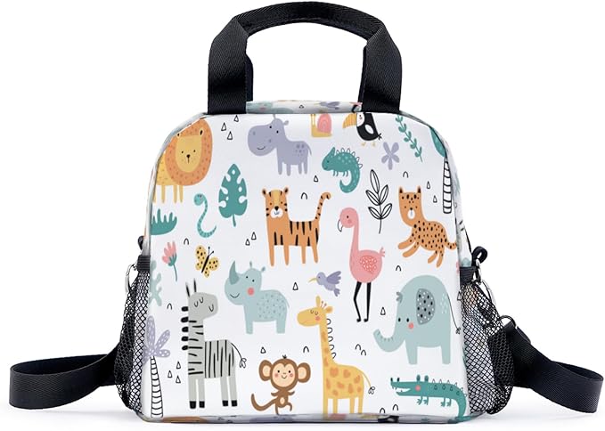 Animal Giraffe Elephant Lion Lunch Bag for Women Men Cute Large Capacity Thermal Lunch Tote Reusable Washable with Adjustable Shoulder Strap and Dual Large Mesh Side Pockets