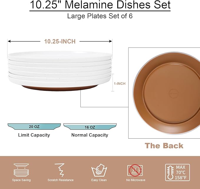 Webbylee 10.25" Melamine Dinner Plates Set of 6 - Durable Serving Dishes Perfect for Kitchen Outdoor Use, Dishwasher Safe,Scratch Resistant-White & Brown