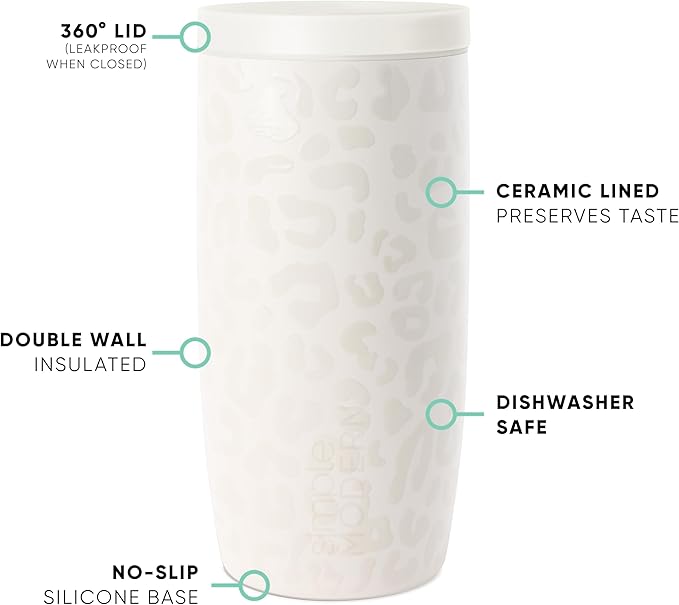 Simple Modern Travel Coffee Mug Tumbler with 360° Lid | Ceramic-Lined Insulated Stainless Steel Cold Brew Iced Coffee Cup Thermos | Gifts for Women Her Him | Voyager Signature | 16oz | Cream Leopard