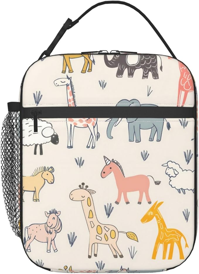 Animal Polyester Lunch Box for Kids Teen,Cute Reusable Thermal Lunch Bag for Adult Women,Colorful Insulated Tote Cooler Bags for School,Work,Picnic,Travel,Playful Safari Theme