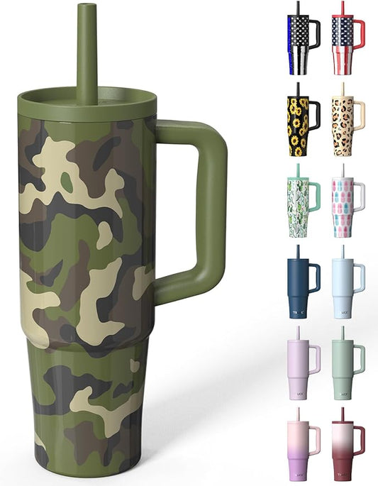 TILUCK 30 oz Tumbler with Handle, Vacuum Insulated Stainless Steel Travel Mug with 100% Leak-Proof Silicone Straw Lid, Cupholder Friendly Water Bottle(Camouflage, 30oz)