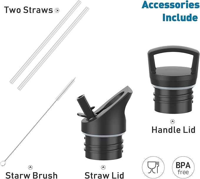 Stainless Steel Double Wall Water Bottles, Vacuum Insulated Bottle With Straw Lid, Insulated Water Bottle Keeps Water Cold for 24 Hours, Hot for 12 Hours, Hiking, Sports