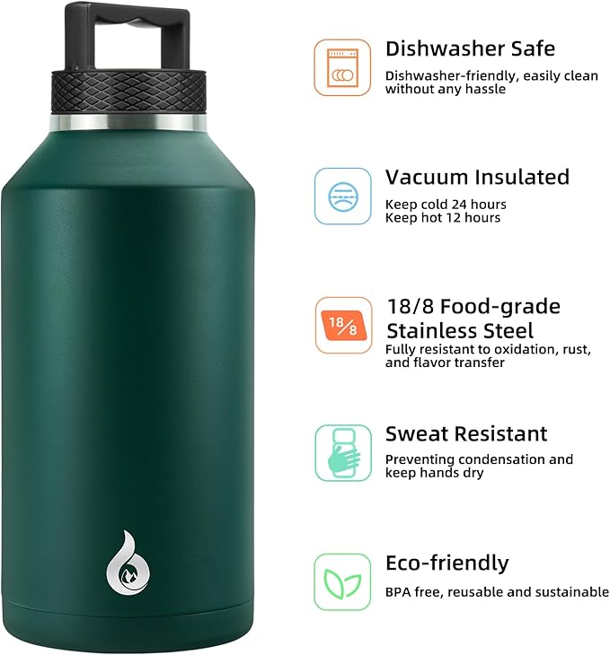 BJPKPK Half Gallon Water Bottle Insulated, Dishwasher Safe 64 oz Water Bottle with Handle, Leakproof BPA Free Water Jug, Large Stainless Steel Thermo for Sports, Army Green