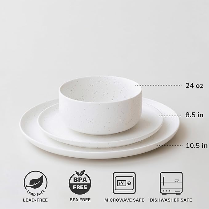 Stoneware Plates and Bowls Set - 12pcs Reactive Glazed Dinnerware Service for 4, Scratch & Chip Resistant (Nacre White)