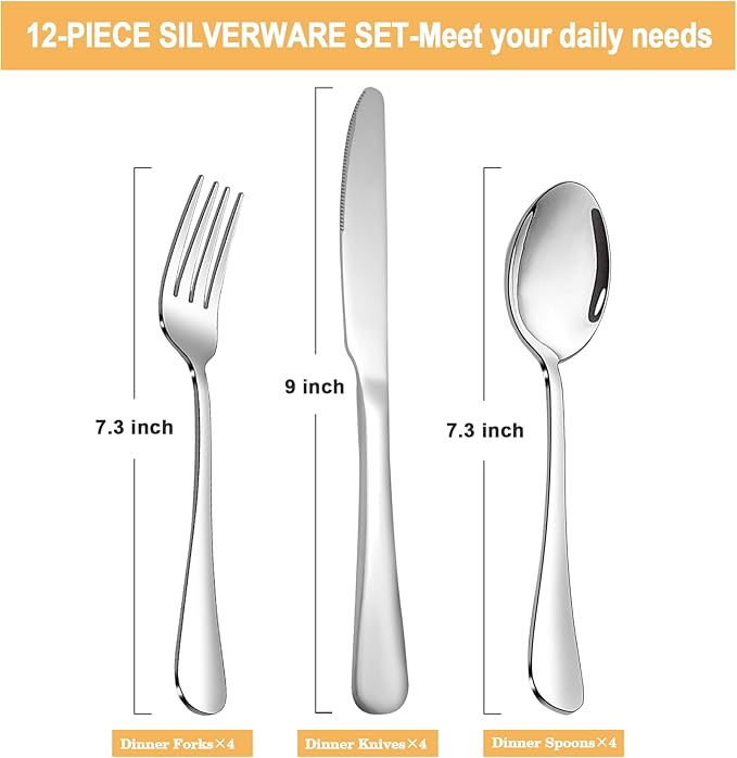 Silverware Set,SANTUO Stainless Steel Knives Spoon Forks Set for Home, Kitchen and Restaurant, Mirror Polished& Dishwasher Safe (12pcs-Silverware set)
