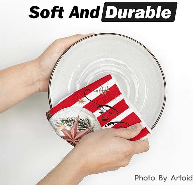 Artoid Mode Red Xmas Tree Merry Christmas Kitchen Towels Dish Towels, 18x26 Inch Holiday Gloves Ball Hello Winter Decoration Hand Towels Set of 4