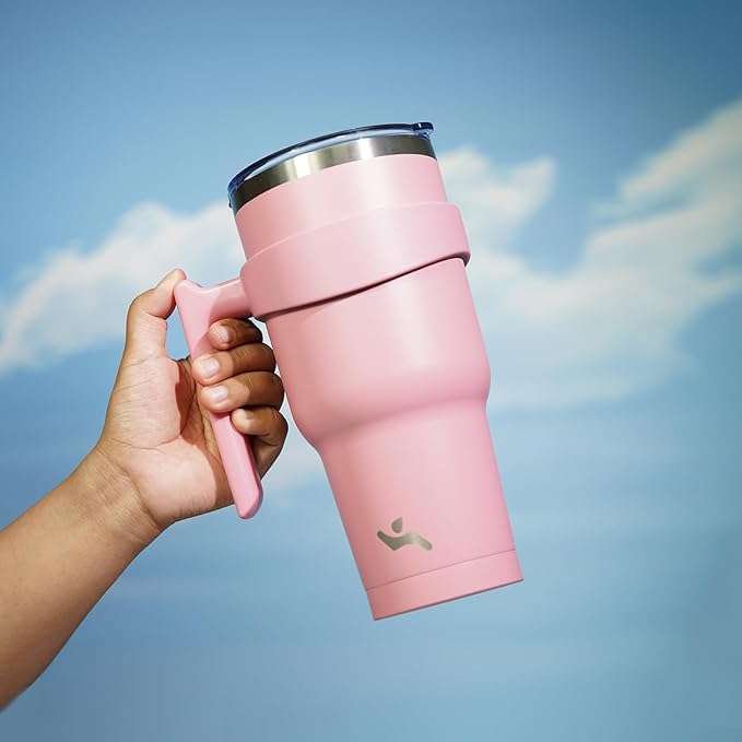 40 oz Tumbler with Handle and 2 Straw 2 Lid, Insulated Water Bottle Stainless Steel Vacuum Cup Reusable Travel Mug, Light Pink