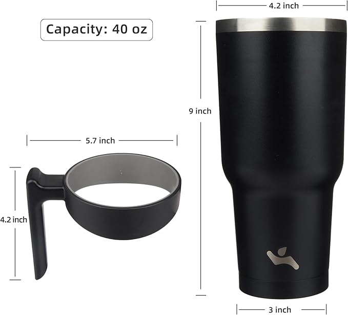 40 oz Tumbler with Handle and 2 Straw 2 Lid, Insulated Water Bottle Stainless Steel Vacuum Cup Reusable Travel Mug,Black