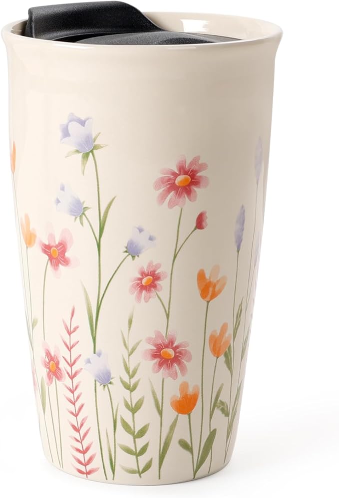 ANTIS'S HOME Ceramic Travel Mug with Lid, Flower Pattern Beige Double Wall Coffee Mug Tumbler, Reusable Tall Cup, Splash Resistant Lid, Dishwasher Microwaveable Safe