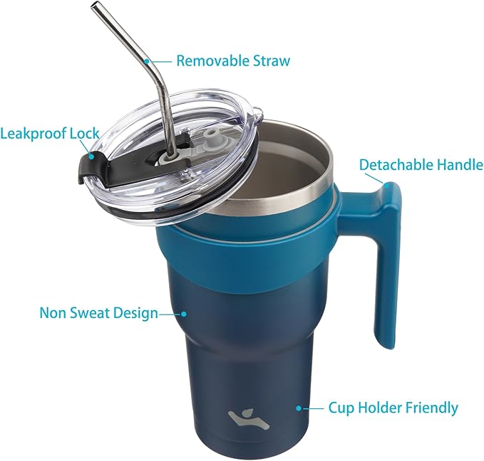 40 oz Tumbler with Handle and 2 Straw 2 Lid, Insulated Water Bottle Stainless Steel Vacuum Cup Reusable Travel Mug,Indigo Black